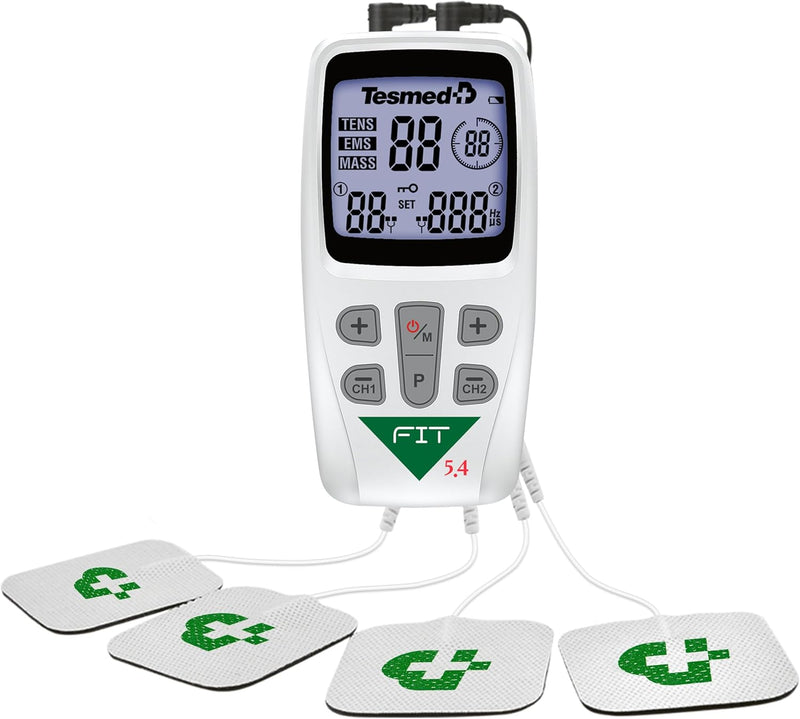 TESMED FIT 5.4 Elettrostimolatore Muscolare 3 in 1 (EMS, TENS, Massaggio), 22 Programmi (6 Personalizzabili), per Applicazioni su Dolori Localizzati e Stimolazione di Addominali, Glutei, Pettorali