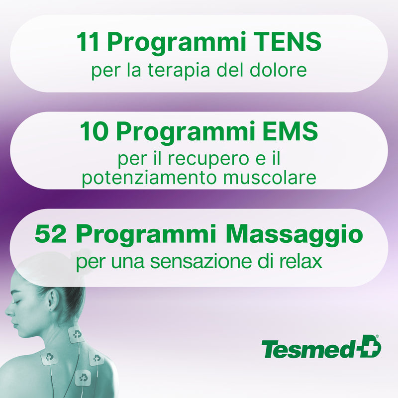 11 programmi tens, 10 ems, 52 massaggi per sensazioni di relax